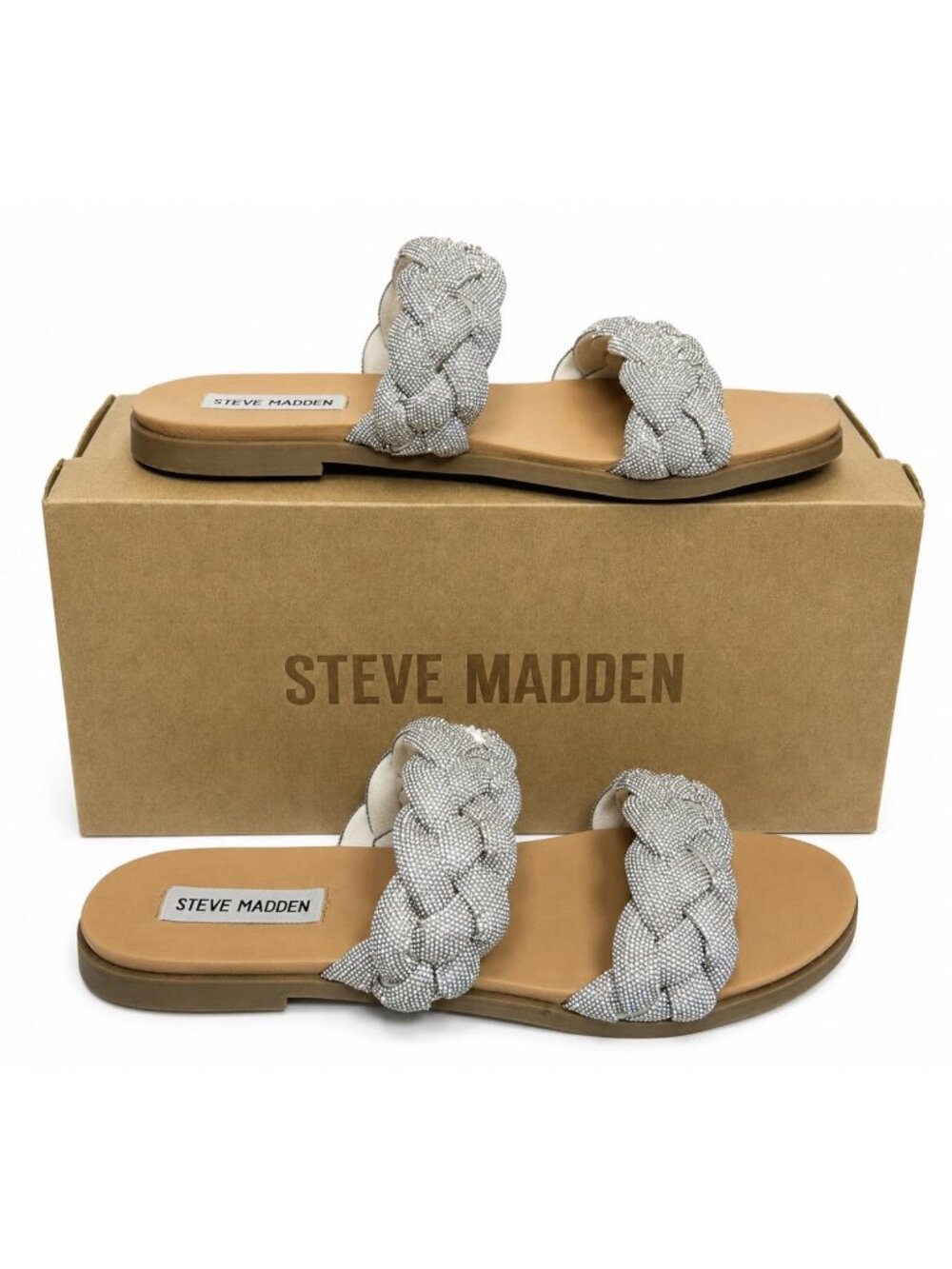 Steve Madden Slide Sandals Braided Rhinestone Silver Bling Women 9.5 MINT W/box - Picture 3 of 14